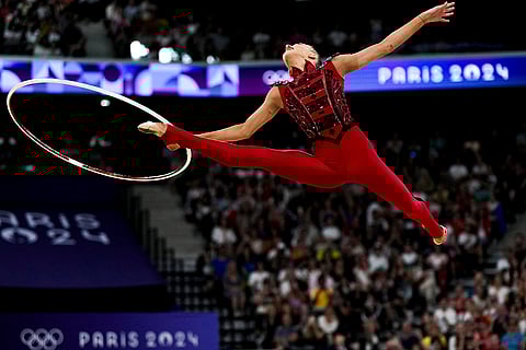 Taisiia Onofriichuk, of Ukraine, performs during rhythmic gymnastics individuals all-round qualification round